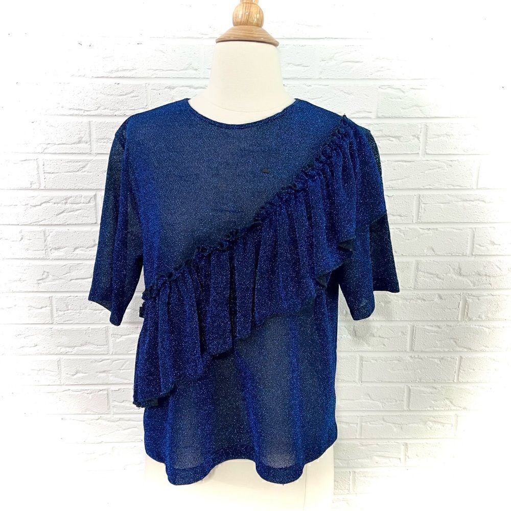 ALCOOLIQUE Blue Metallic Shimmer Ruffle Blouse Size 46